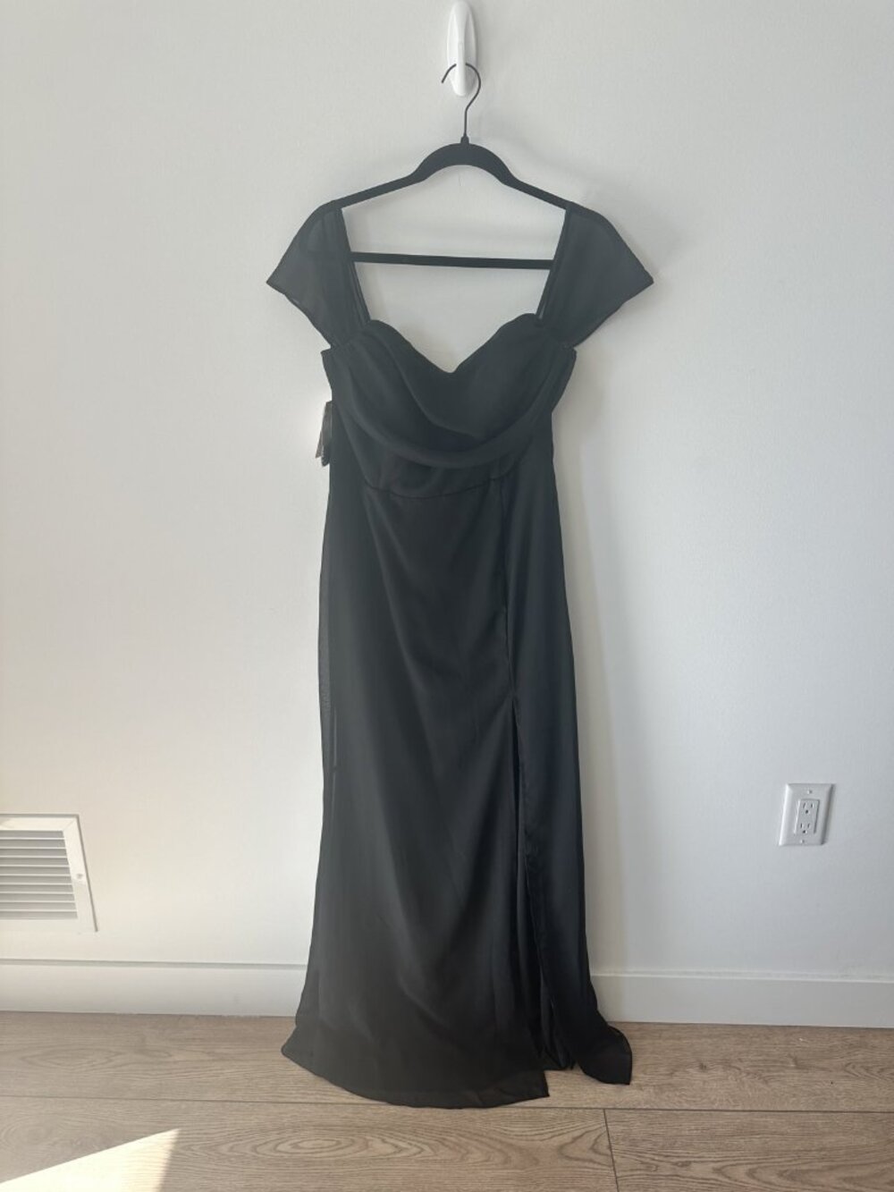 Birdy Grey Black Off-Shoulder Chiffon Maxi Dress, Size L